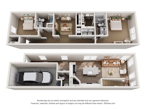a stylized view of two 3d floor plans of a592 square foot house
